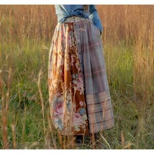 Ralph Lauren Vintage Patchwork Maxi Skirt Womens Size 12 Floral Plaid Midi 1985